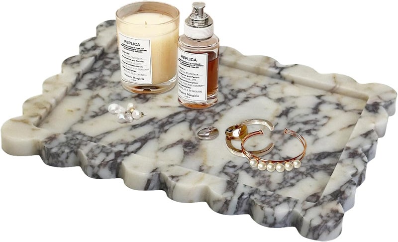 PROLEE Scalloped Marble Tray,Marble Vanity Trays for Bathroom 12" x 9", Scalloped Tray,Wave Appearance Jewelry Home Decor Stone Trays for Kitchen Counter, Bathroom,Genuine Calacatta Viola - Image 1